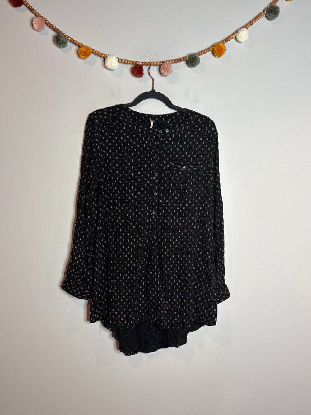 Free People black patterned popover henley top